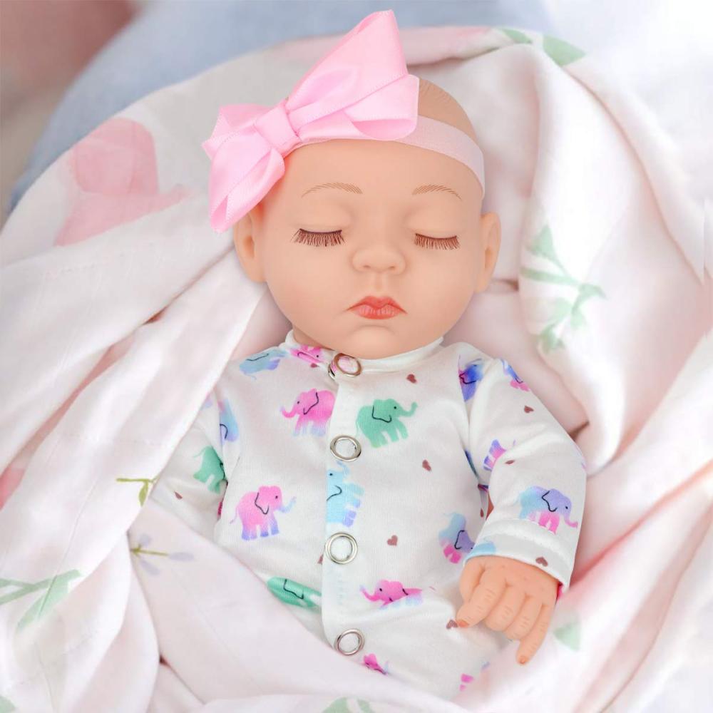 10 inch Baby Girl Doll Reborn and Clothes Set Realistic Washable Silicone Baby Doll New born with Soft White Elephant Pattern Clothes and Headband