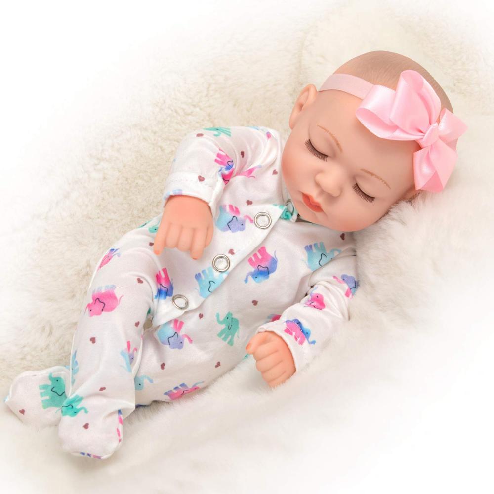 10 inch Baby Girl Doll Reborn and Clothes Set Realistic Washable Silicone Baby Doll New born with Soft White Elephant Pattern Clothes and Headband