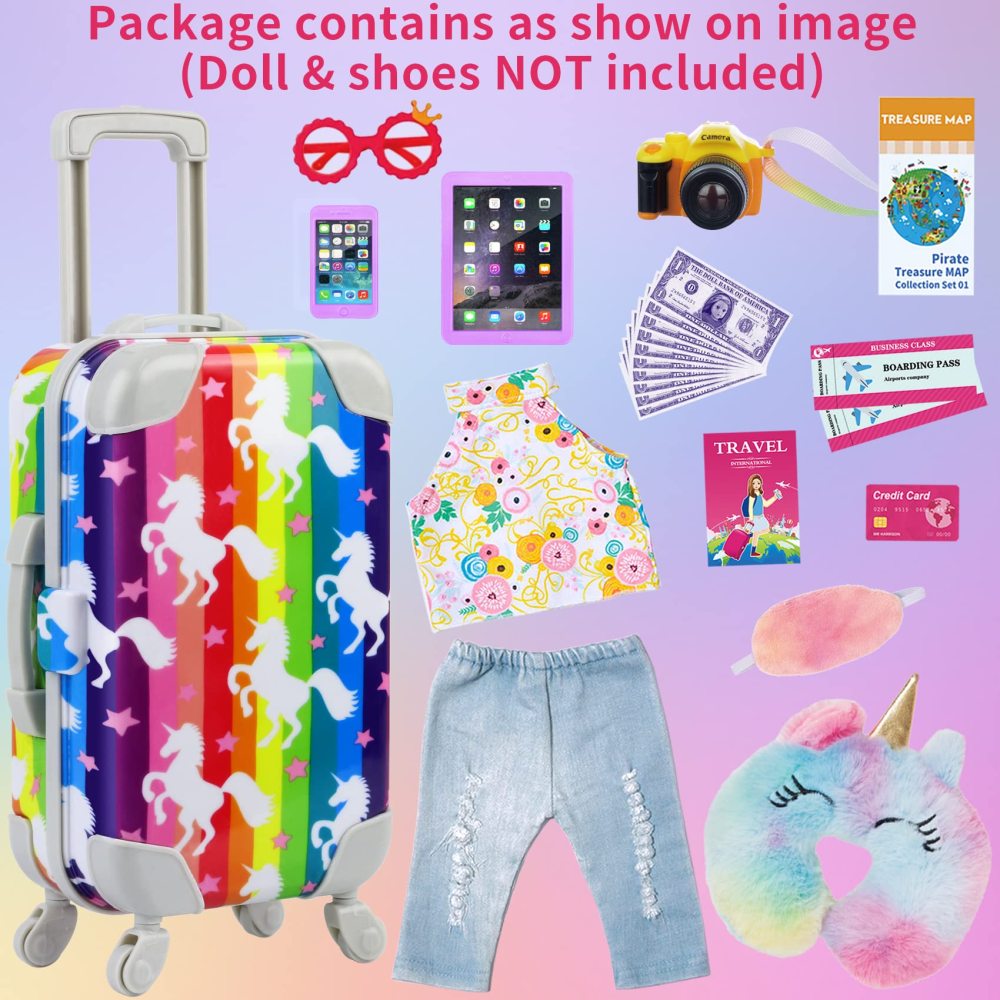 24 Pcs 18 Inch Girl Doll Clothes and Accessories Travel Suitcase Set for 18 Inch Doll Accessories Unicorn Stuff