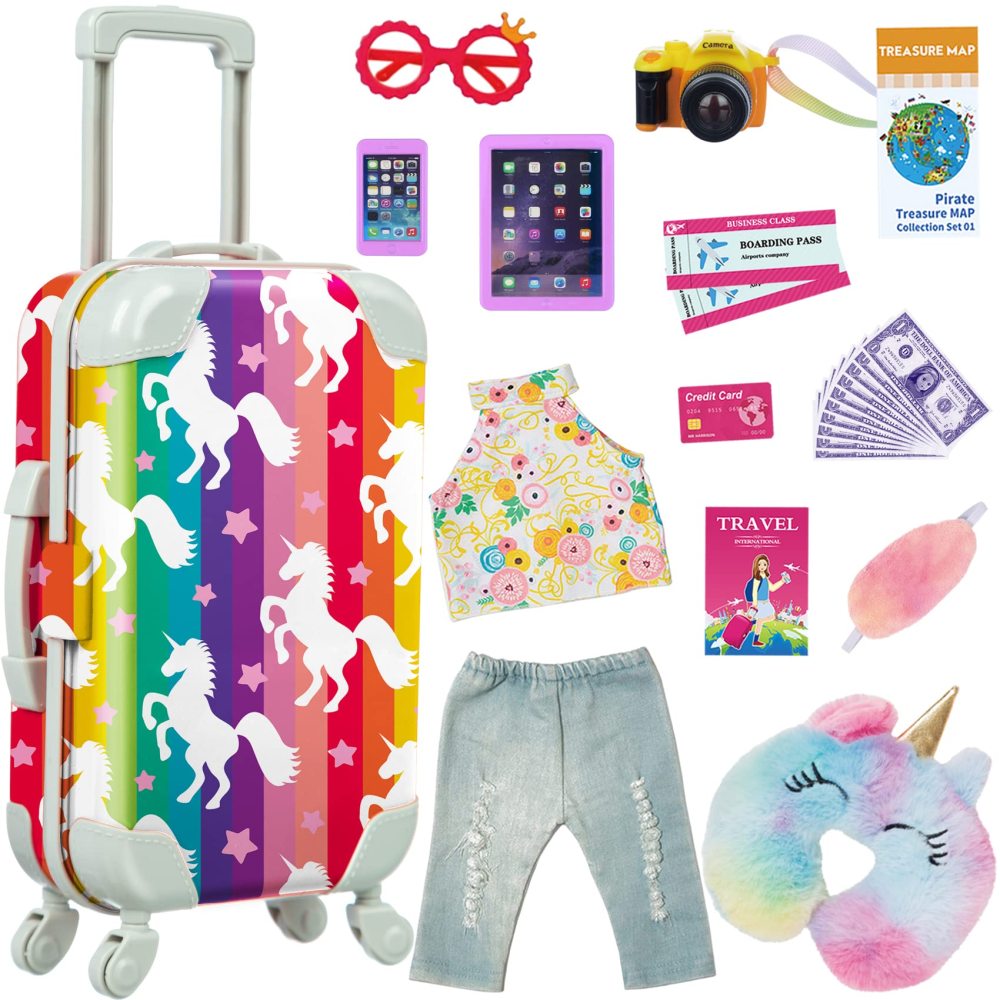 24 Pcs 18 Inch Girl Doll Clothes and Accessories Travel Suitcase Set for 18 Inch Doll Accessories Unicorn Stuff