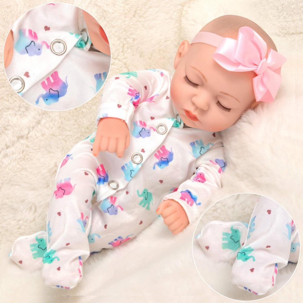 10 inch Baby Girl Doll Reborn and Clothes Set Realistic Washable Silicone Baby Doll New born with Soft White Elephant Pattern Clothes and Headband