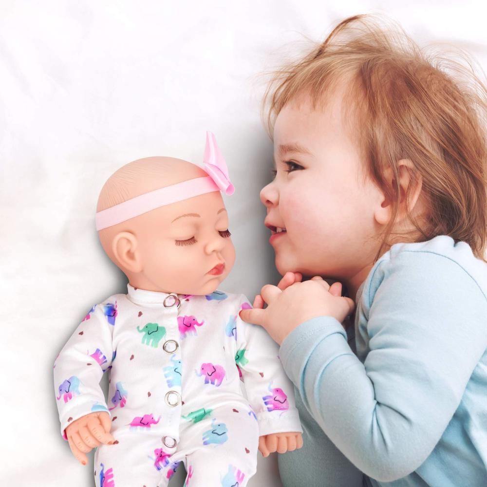 10 inch Baby Girl Doll Reborn and Clothes Set Realistic Washable Silicone Baby Doll New born with Soft White Elephant Pattern Clothes and Headband