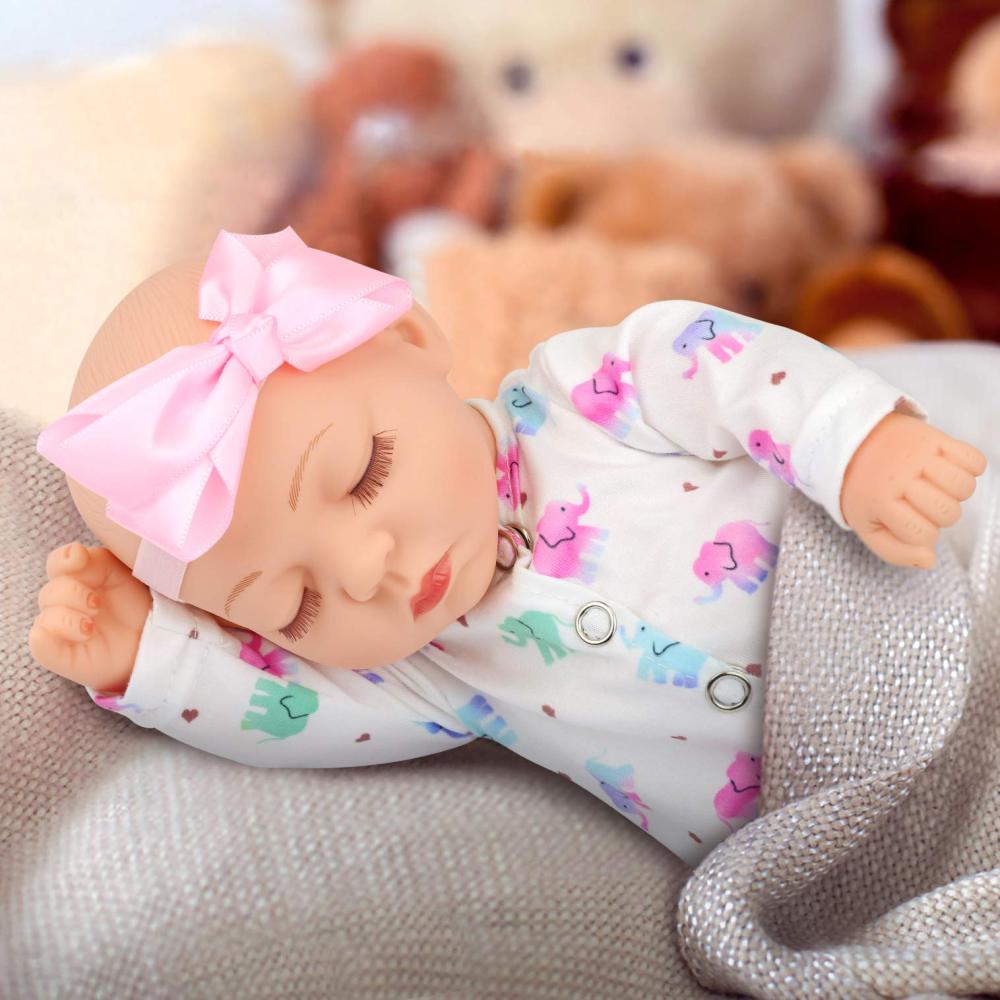 10 inch Baby Girl Doll Reborn and Clothes Set Realistic Washable Silicone Baby Doll New born with Soft White Elephant Pattern Clothes and Headband