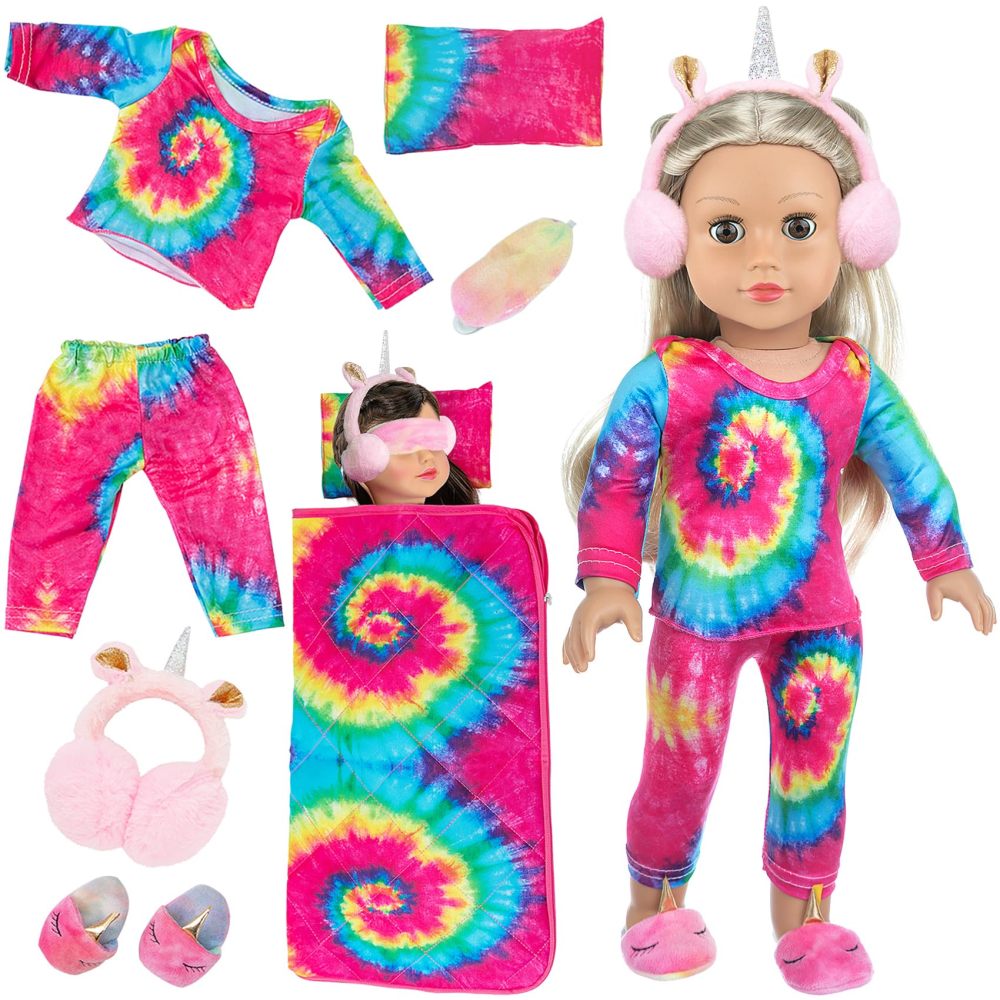 18 Inch Girl Doll Clothes and Accessories Sleeping Bag Set Rainbow Angel of Doll Sleeping Bag, Pajamas, Shoes, Eye Mask, and Doll Pillow Outfits