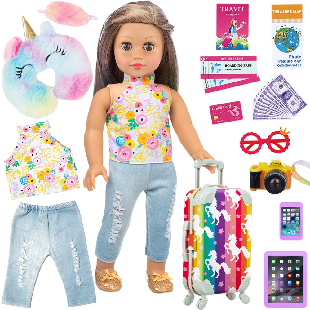 24 Pcs 18 Inch Girl Doll Clothes and Accessories Travel Suitcase Set for 18 Inch Doll Accessories Unicorn Stuff