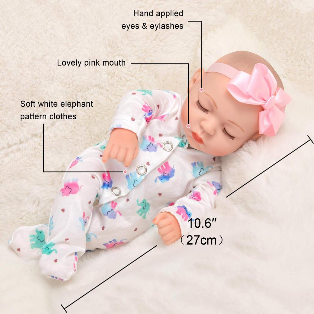 10 inch Baby Girl Doll Reborn and Clothes Set Realistic Washable Silicone Baby Doll New born with Soft White Elephant Pattern Clothes and Headband