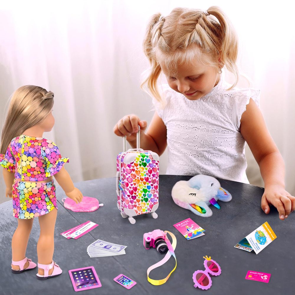 24 Pcs 18 Inch Girl Doll Accessories Doll Travel Suitcase Play Set Included Travel Carrier Clothes Camera Phone Travel Pillow Passport Tickets Cashes Credit Card Map Umbrella