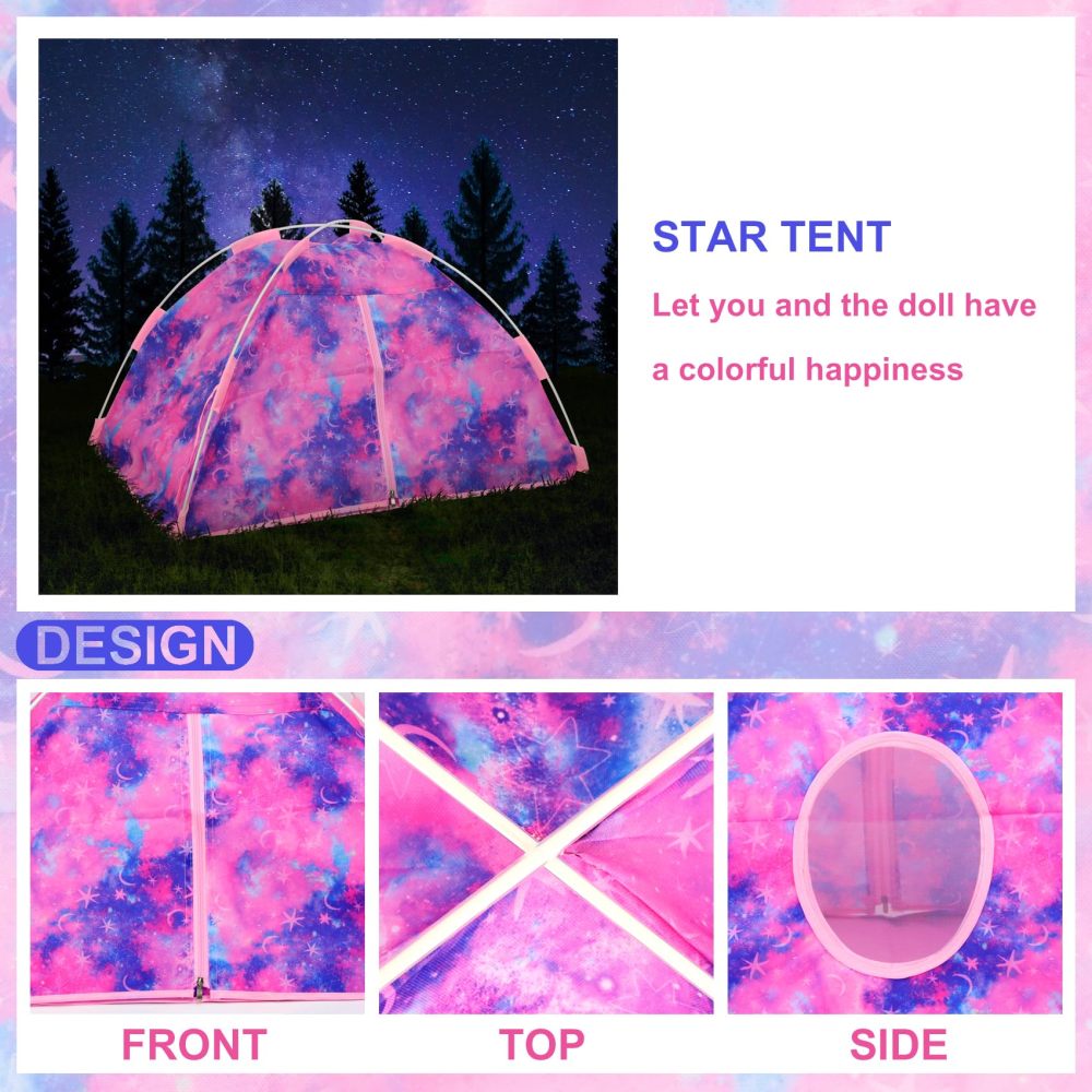 11 Items 18 inch Girl Dolls Camping Tent Set and Accessories Including 18 Inch Doll Camping Tent Clothes Set Campfire Chocolate Biscuit Binoculars etc