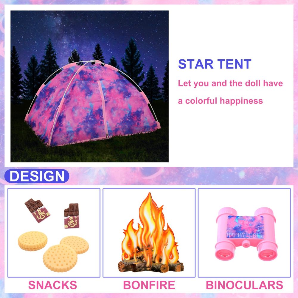 11 Items 18 inch Girl Dolls Camping Tent Set and Accessories Including 18 Inch Doll Camping Tent Clothes Set Campfire Chocolate Biscuit Binoculars etc