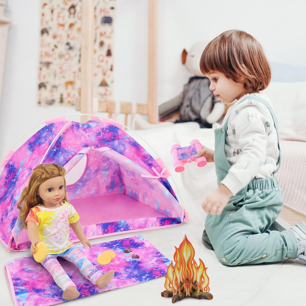 11 Items 18 inch Girl Dolls Camping Tent Set and Accessories Including 18 Inch Doll Camping Tent Clothes Set Campfire Chocolate Biscuit Binoculars etc
