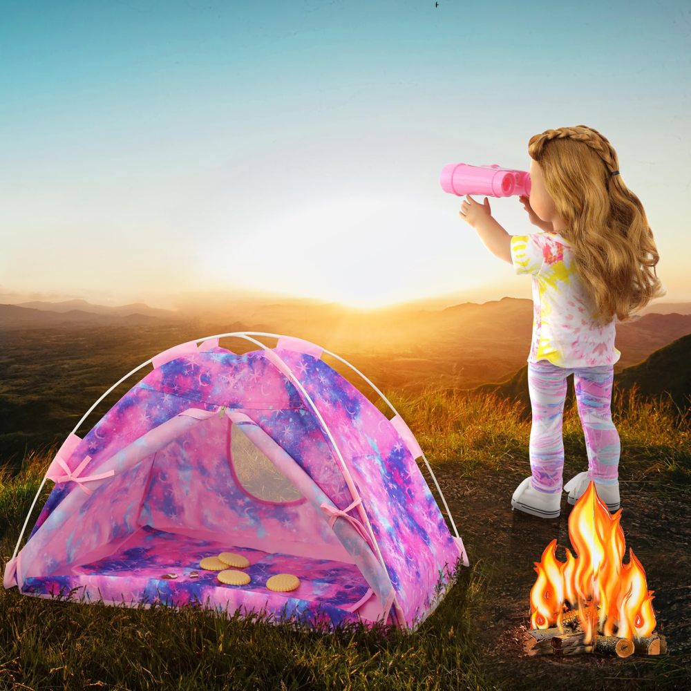 11 Items 18 inch Girl Dolls Camping Tent Set and Accessories Including 18 Inch Doll Camping Tent Clothes Set Campfire Chocolate Biscuit Binoculars etc