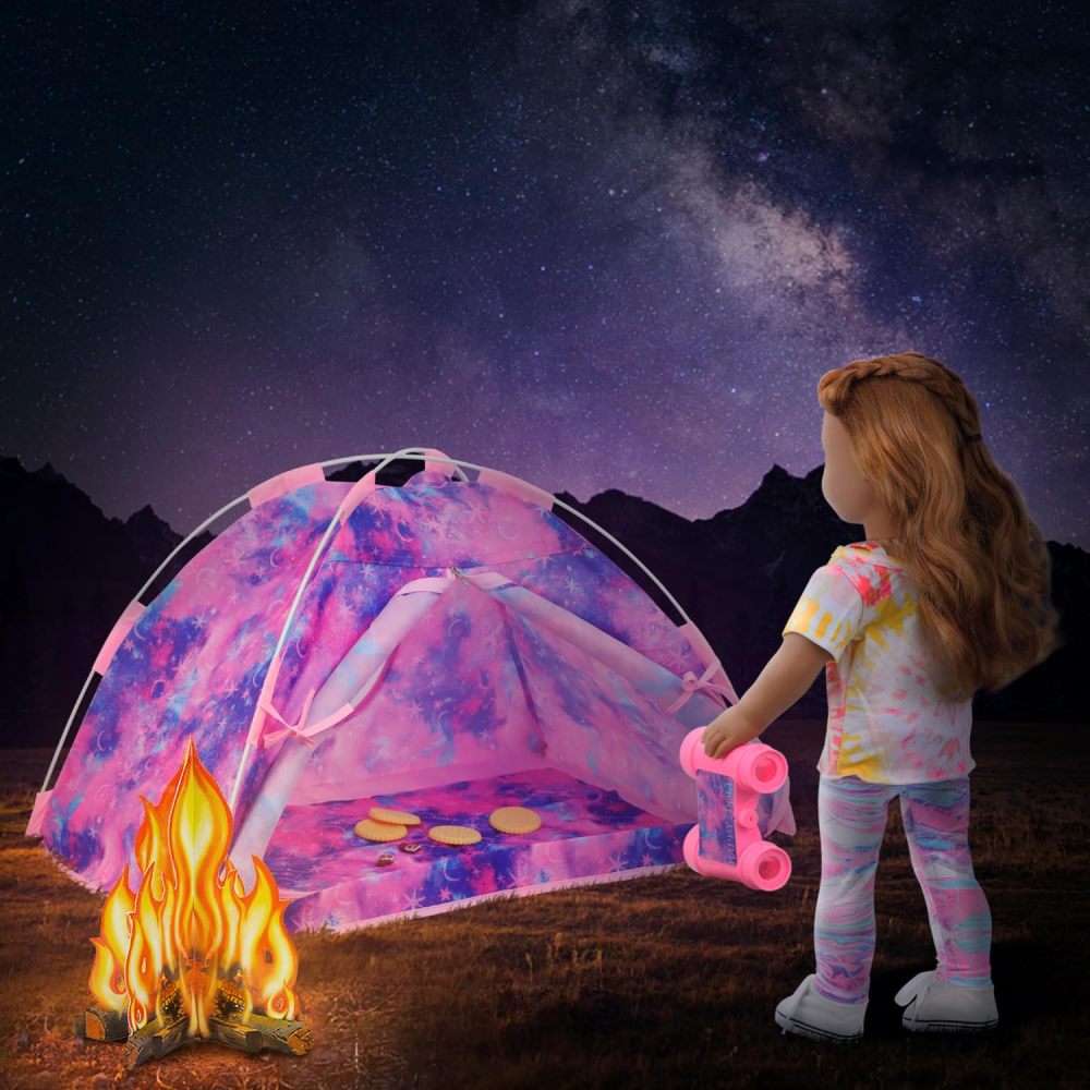 11 Items 18 inch Girl Dolls Camping Tent Set and Accessories Including 18 Inch Doll Camping Tent Clothes Set Campfire Chocolate Biscuit Binoculars etc