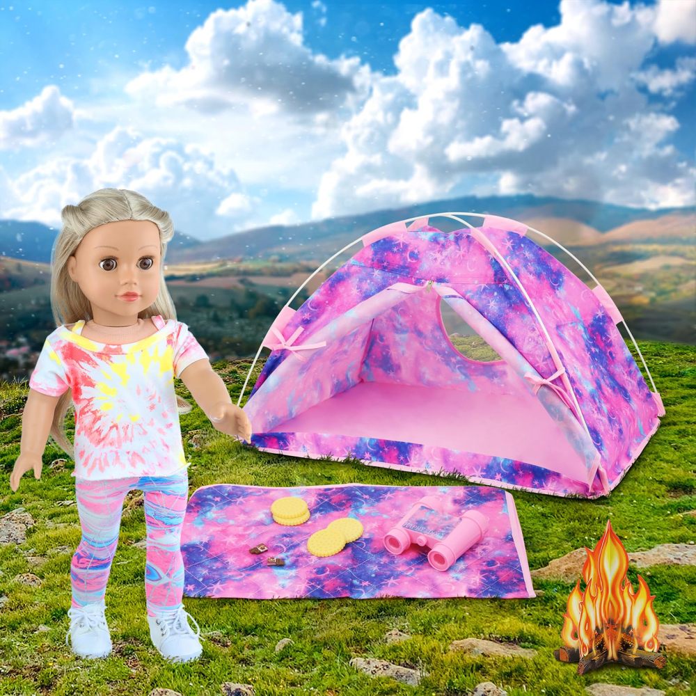 11 Items 18 inch Girl Dolls Camping Tent Set and Accessories Including 18 Inch Doll Camping Tent Clothes Set Campfire Chocolate Biscuit Binoculars etc