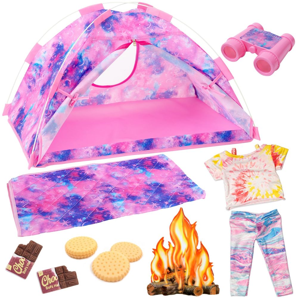11 Items 18 inch Girl Dolls Camping Tent Set and Accessories Including 18 Inch Doll Camping Tent Clothes Set Campfire Chocolate Biscuit Binoculars etc