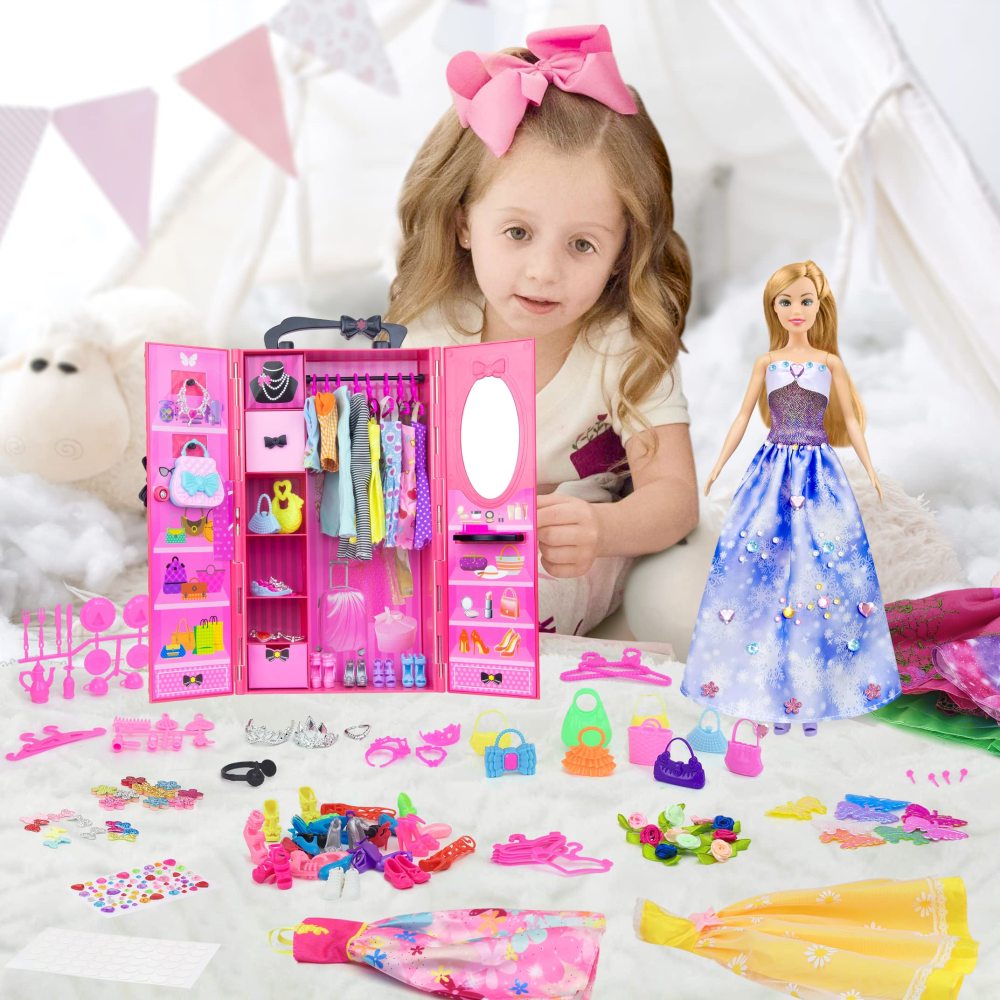 146 Pcs 11.5 Inch Doll Closet Wardrobe with Clothes Dresses Shoes and Other Accessories for 11.5 Inch Girl Doll Stuff Kids Girl Age 6 to 12
