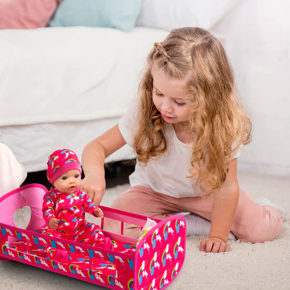 5 PCS Baby Doll Crib 18 Inch Girl Doll Bassinet Bed and Accessories includes Doll Bed Clothes Rainbow Hat and Diaper Fit for 16-18 Inch Doll