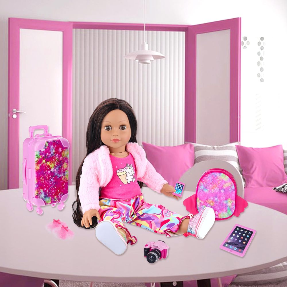 American 18 Inch Doll Clothes and Accessories Doll Suitcase Set, 10 Pcs Doll Travel Play Set with Doll Backpack Clothes Hair Clips Camera Computer Phone Fit 18 Inch Dolls Girl Gift