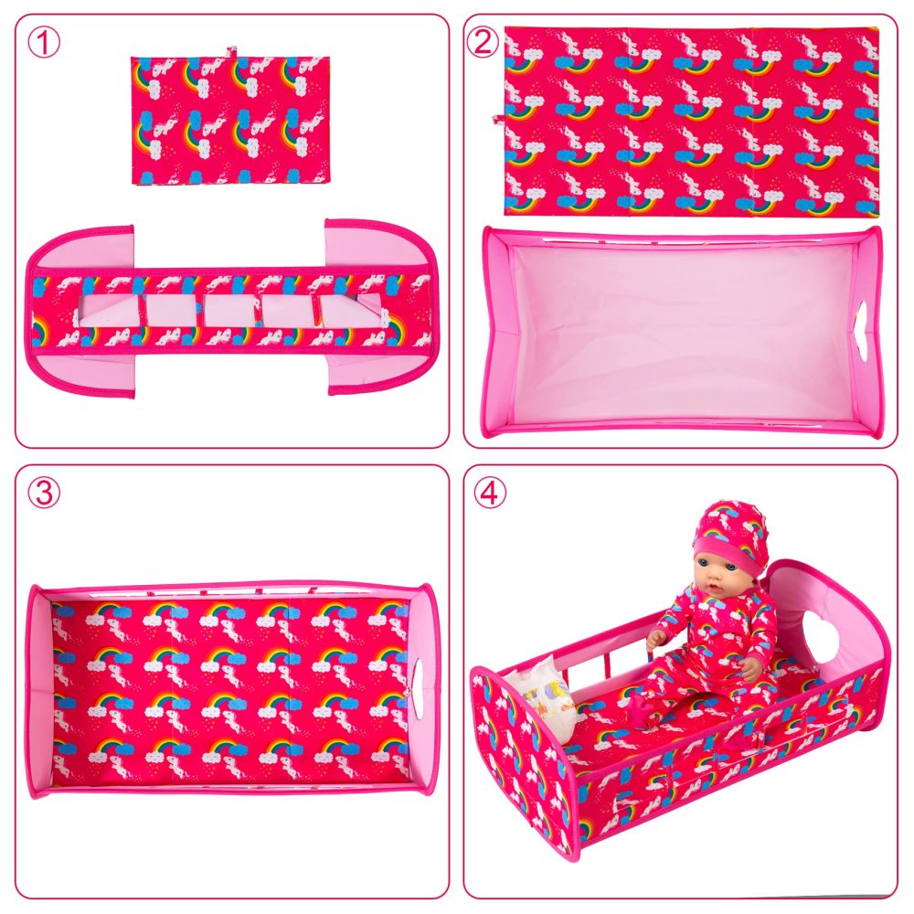 5 PCS Baby Doll Crib 18 Inch Girl Doll Bassinet Bed and Accessories includes Doll Bed Clothes Rainbow Hat and Diaper Fit for 16-18 Inch Doll