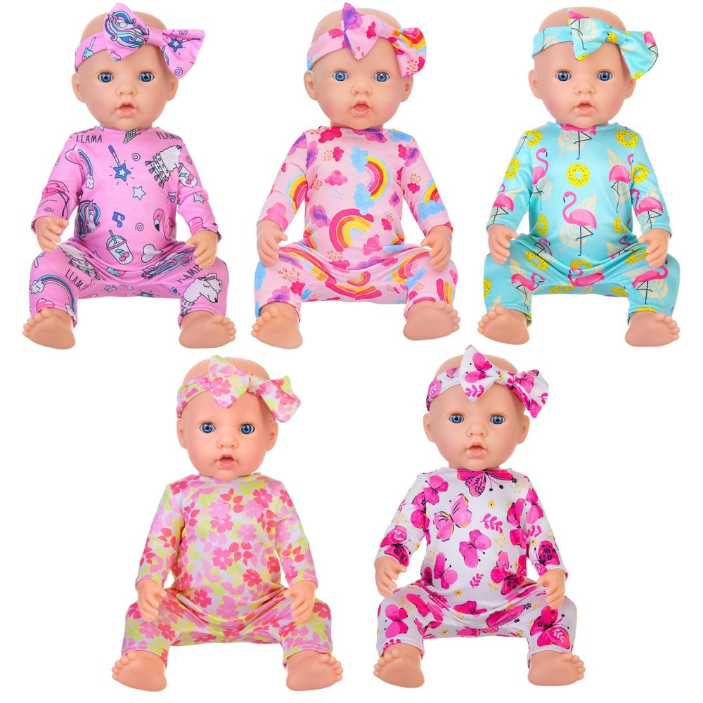 5 Sets Baby Doll Clothes and Headbands Baby Doll Accessories Set for 14 -16 Inch Doll, Total 10 pcs Cute Pattern Jumpsuit Doll Clothes and Accessories for 15 Inch Baby Dolls 18 Inch Dolls