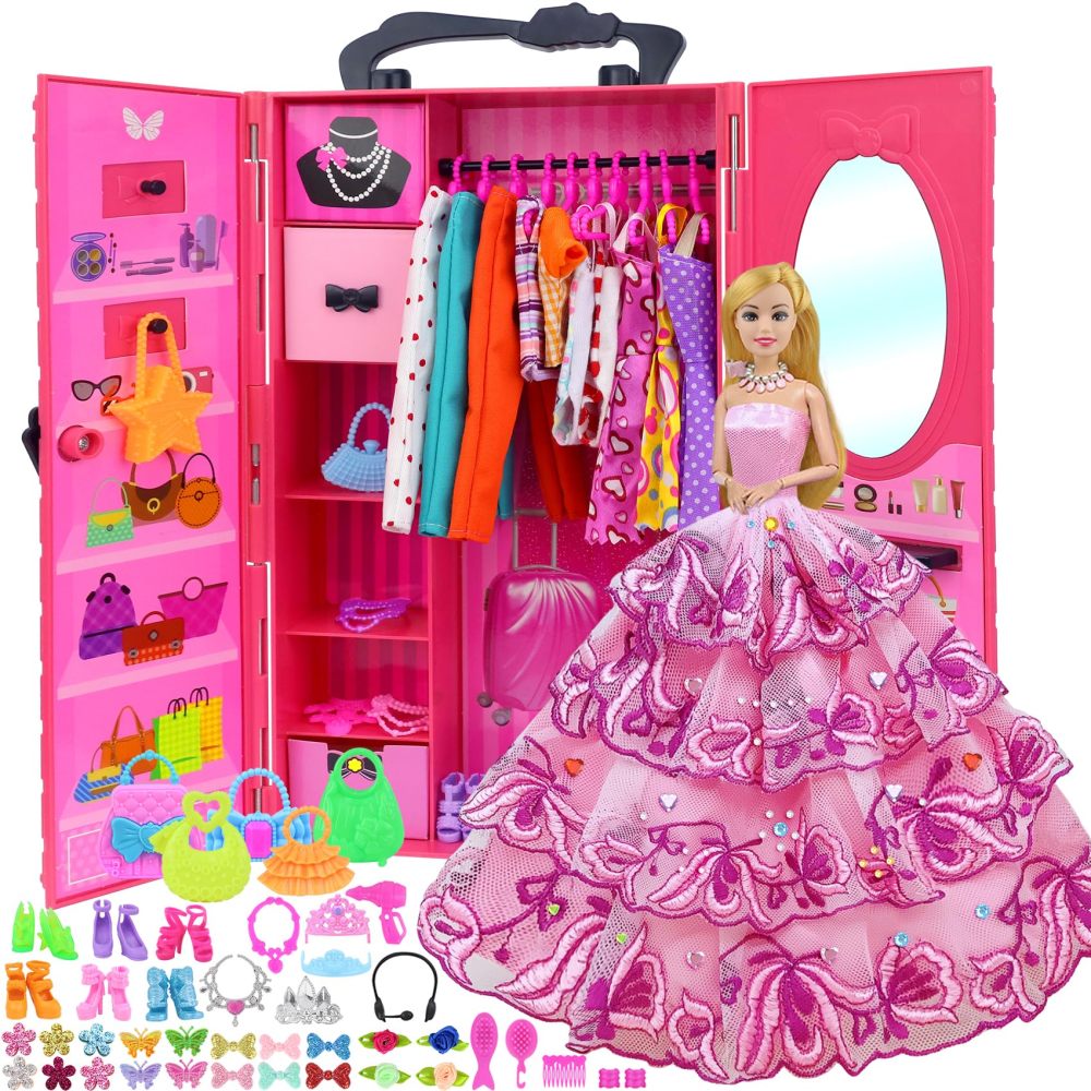 146 Pcs 11.5 Inch Doll Closet Wardrobe with Clothes Dresses Shoes and Other Accessories for 11.5 Inch Girl Doll Stuff Kids Girl Age 6 to 12