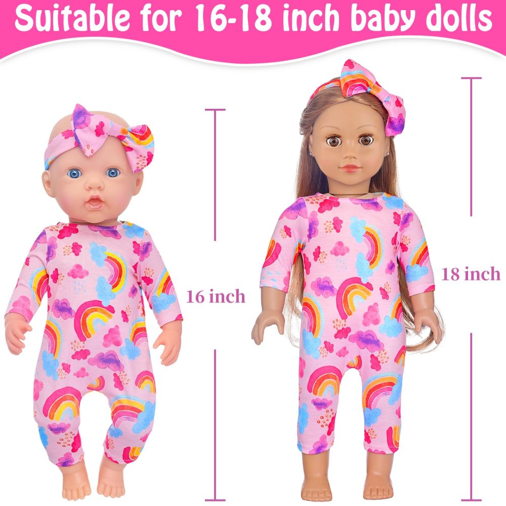 5 Sets Baby Doll Clothes and Headbands Baby Doll Accessories Set for 14 -16 Inch Doll, Total 10 pcs Cute Pattern Jumpsuit Doll Clothes and Accessories for 15 Inch Baby Dolls 18 Inch Dolls