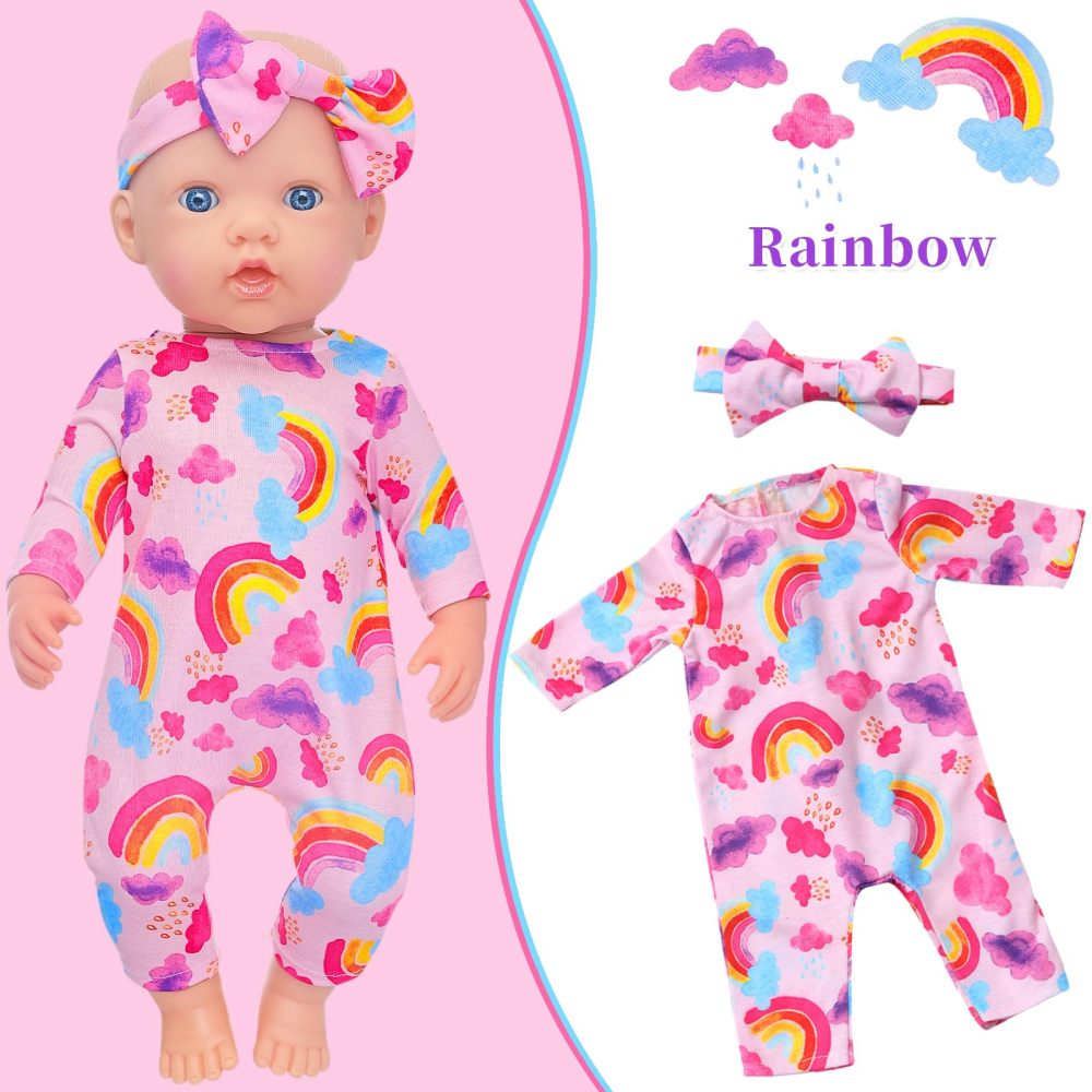 5 Sets Baby Doll Clothes and Headbands Baby Doll Accessories Set for 14 -16 Inch Doll, Total 10 pcs Cute Pattern Jumpsuit Doll Clothes and Accessories for 15 Inch Baby Dolls 18 Inch Dolls