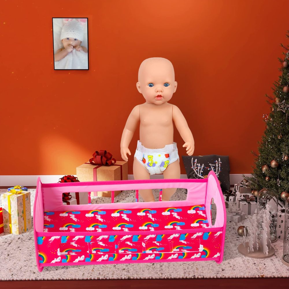5 PCS Baby Doll Crib 18 Inch Girl Doll Bassinet Bed and Accessories includes Doll Bed Clothes Rainbow Hat and Diaper Fit for 16-18 Inch Doll