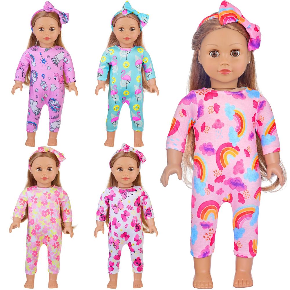 5 Sets Baby Doll Clothes and Headbands Baby Doll Accessories Set for 14 -16 Inch Doll, Total 10 pcs Cute Pattern Jumpsuit Doll Clothes and Accessories for 15 Inch Baby Dolls 18 Inch Dolls