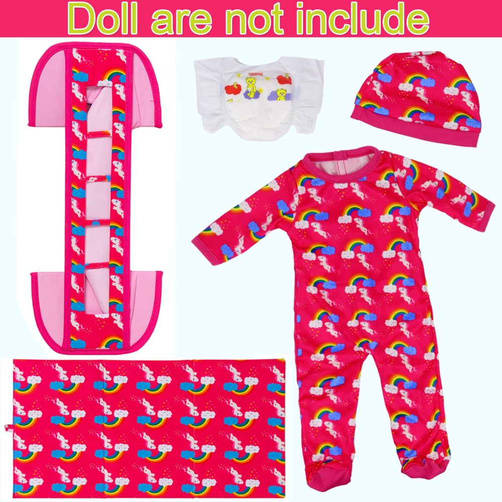 5 PCS Baby Doll Crib 18 Inch Girl Doll Bassinet Bed and Accessories includes Doll Bed Clothes Rainbow Hat and Diaper Fit for 16-18 Inch Doll