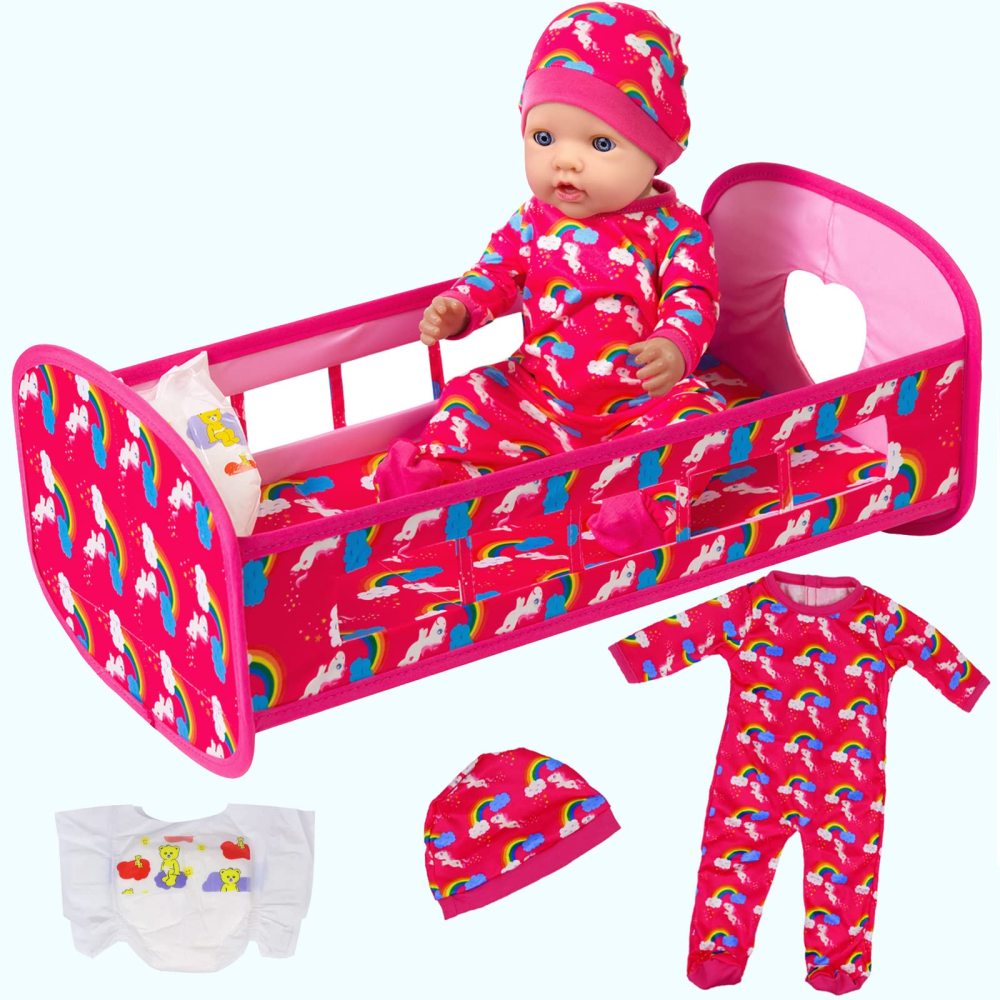5 PCS Baby Doll Crib 18 Inch Girl Doll Bassinet Bed and Accessories includes Doll Bed Clothes Rainbow Hat and Diaper Fit for 16-18 Inch Doll