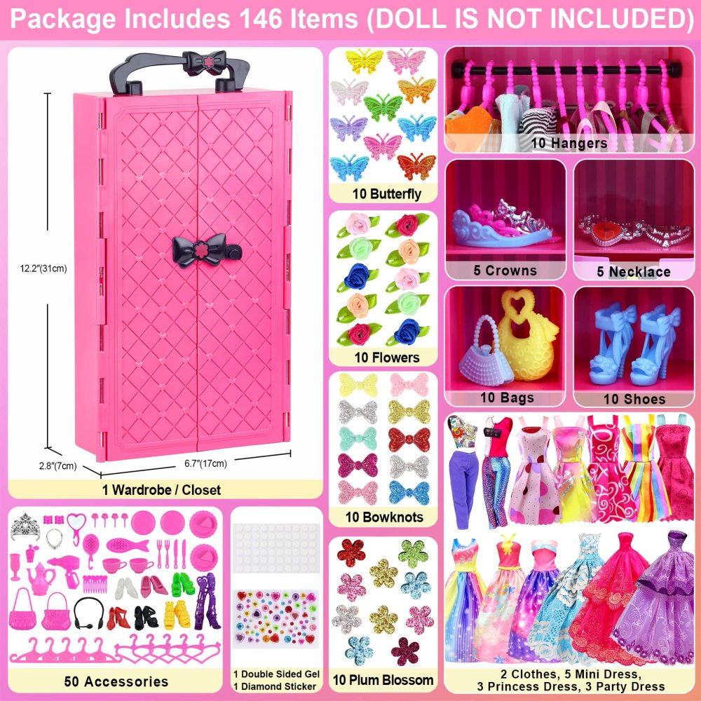 146 Pcs 11.5 Inch Doll Closet Wardrobe with Clothes Dresses Shoes and Other Accessories for 11.5 Inch Girl Doll Stuff Kids Girl Age 6 to 12