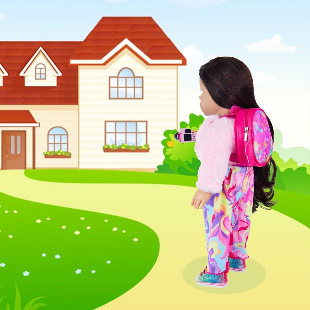 American 18 Inch Doll Clothes and Accessories Doll Suitcase Set, 10 Pcs Doll Travel Play Set with Doll Backpack Clothes Hair Clips Camera Computer Phone Fit 18 Inch Dolls Girl Gift