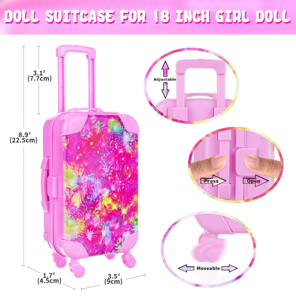 American 18 Inch Doll Clothes and Accessories Doll Suitcase Set, 10 Pcs Doll Travel Play Set with Doll Backpack Clothes Hair Clips Camera Computer Phone Fit 18 Inch Dolls Girl Gift