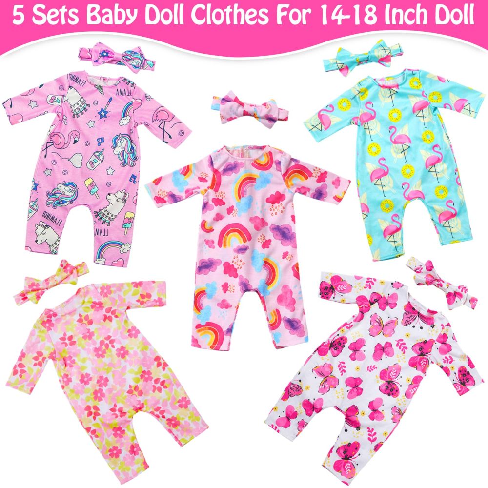 5 Sets Baby Doll Clothes and Headbands Baby Doll Accessories Set for 14 -16 Inch Doll, Total 10 pcs Cute Pattern Jumpsuit Doll Clothes and Accessories for 15 Inch Baby Dolls 18 Inch Dolls