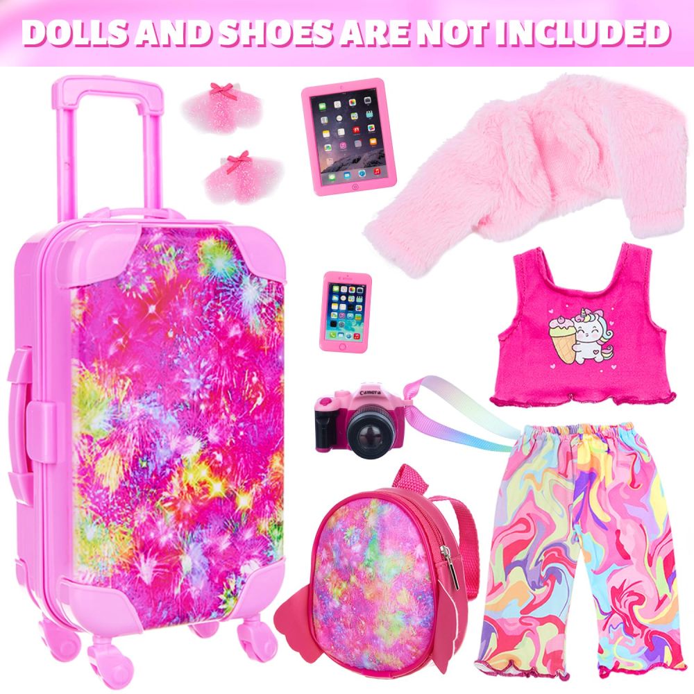 American 18 Inch Doll Clothes and Accessories Doll Suitcase Set, 10 Pcs Doll Travel Play Set with Doll Backpack Clothes Hair Clips Camera Computer Phone Fit 18 Inch Dolls Girl Gift