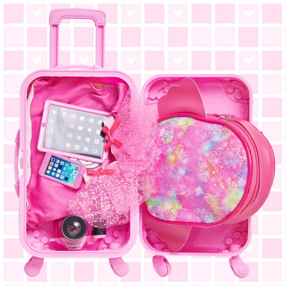 American 18 Inch Doll Clothes and Accessories Doll Suitcase Set, 10 Pcs Doll Travel Play Set with Doll Backpack Clothes Hair Clips Camera Computer Phone Fit 18 Inch Dolls Girl Gift