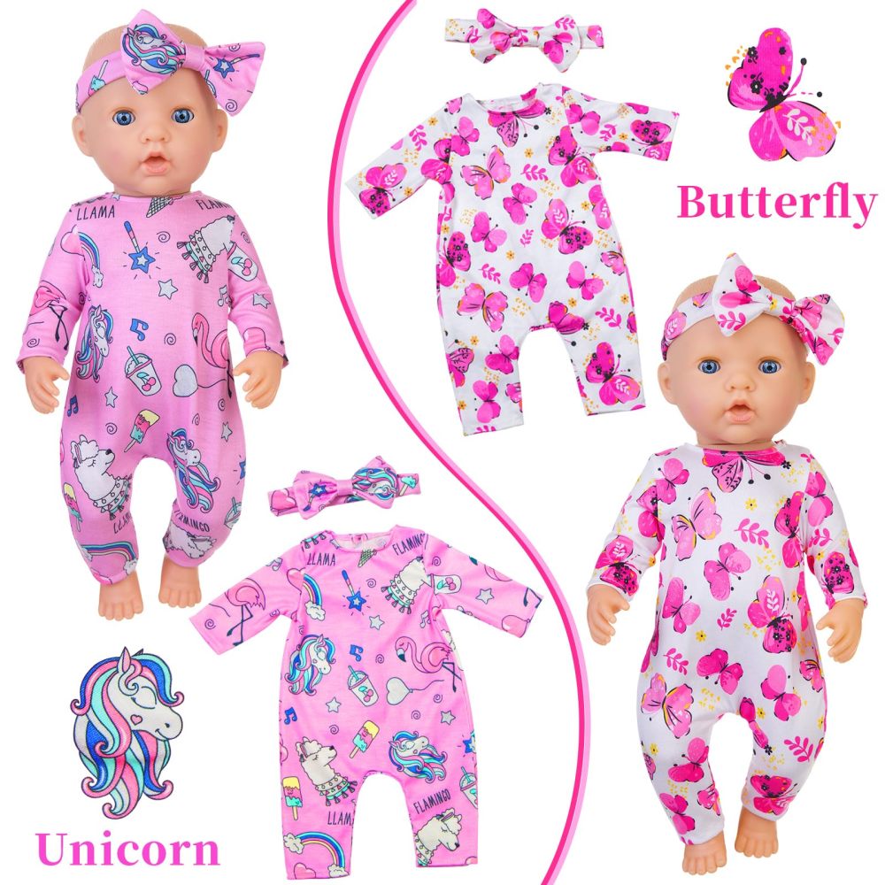 5 Sets Baby Doll Clothes and Headbands Baby Doll Accessories Set for 14 -16 Inch Doll, Total 10 pcs Cute Pattern Jumpsuit Doll Clothes and Accessories for 15 Inch Baby Dolls 18 Inch Dolls