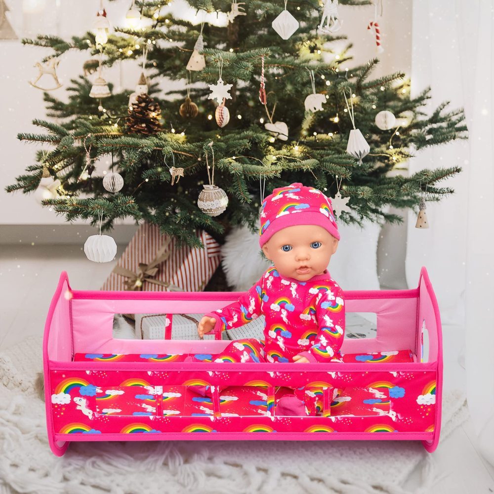 5 PCS Baby Doll Crib 18 Inch Girl Doll Bassinet Bed and Accessories includes Doll Bed Clothes Rainbow Hat and Diaper Fit for 16-18 Inch Doll