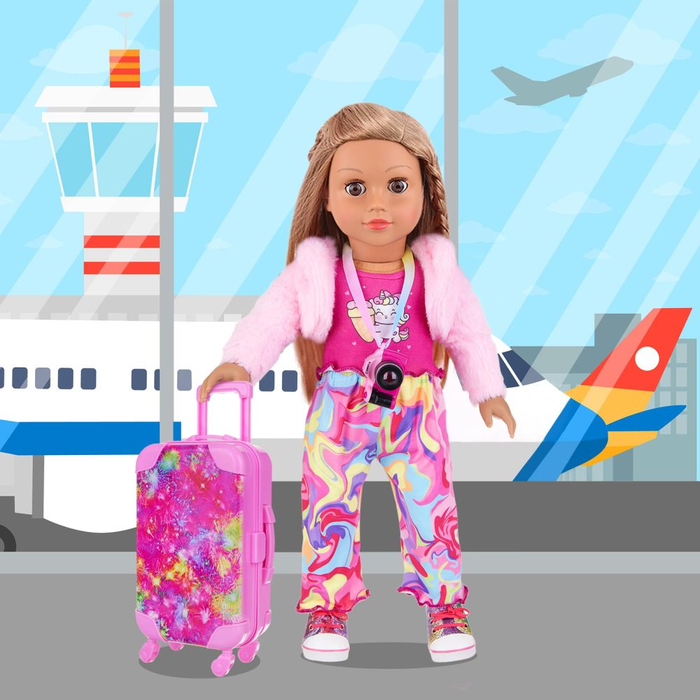 American 18 Inch Doll Clothes and Accessories Doll Suitcase Set, 10 Pcs Doll Travel Play Set with Doll Backpack Clothes Hair Clips Camera Computer Phone Fit 18 Inch Dolls Girl Gift