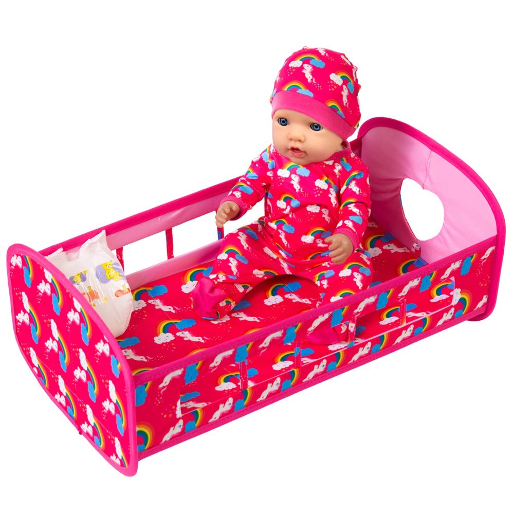 5 PCS Baby Doll Crib 18 Inch Girl Doll Bassinet Bed and Accessories includes Doll Bed Clothes Rainbow Hat and Diaper Fit for 16-18 Inch Doll