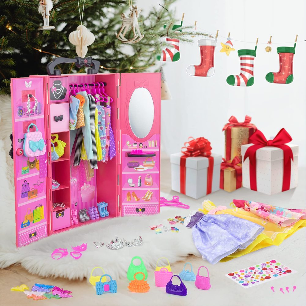 146 Pcs 11.5 Inch Doll Closet Wardrobe with Clothes Dresses Shoes and Other Accessories for 11.5 Inch Girl Doll Stuff Kids Girl Age 6 to 12