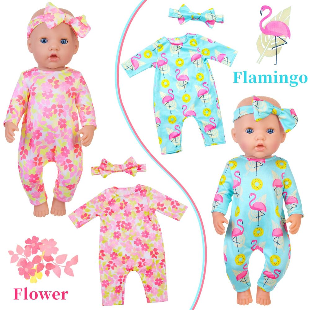 5 Sets Baby Doll Clothes and Headbands Baby Doll Accessories Set for 14 -16 Inch Doll, Total 10 pcs Cute Pattern Jumpsuit Doll Clothes and Accessories for 15 Inch Baby Dolls 18 Inch Dolls