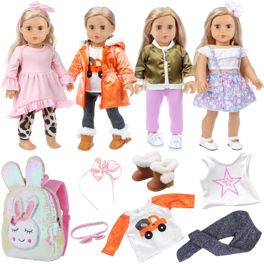 4 Sets 18 Inch Doll Clothes and Shoe and Cute Bag for Kids Casual Wear Oufits for 18 Inch Girl Doll Clothes with Hair Band Easter Bunny Backpack Birthday Gift for Kids