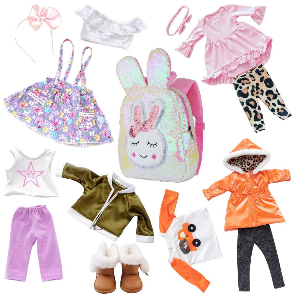 4 Sets 18 Inch Doll Clothes and Shoe and Cute Bag for Kids Casual Wear Oufits for 18 Inch Girl Doll Clothes with Hair Band Easter Bunny Backpack Birthday Gift for Kids