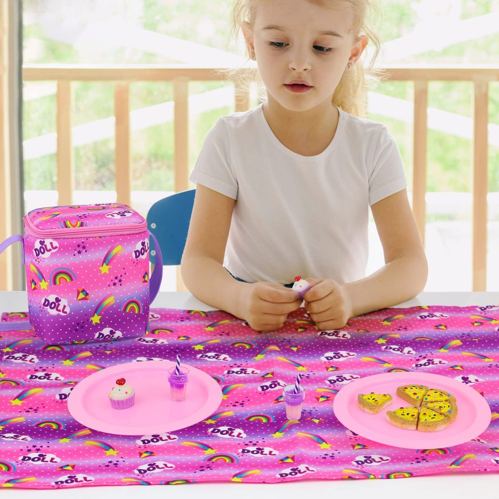 18 Girl Doll Accessories Doll Food Picnic Playset 14 Pieces Include Cooler, Picnic Blanket, Drink, Cupcake and Pizza Food for 18 inch Dolls