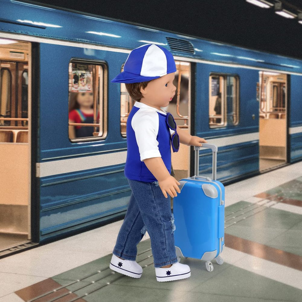 24 Pcs 18 Inch Boy Doll Clothes and Accessories Suitcase Play Set Included Travel Carrier Clothes Camera Phone Travel Pillow Passport Tickets Cashes Credit Card Map
