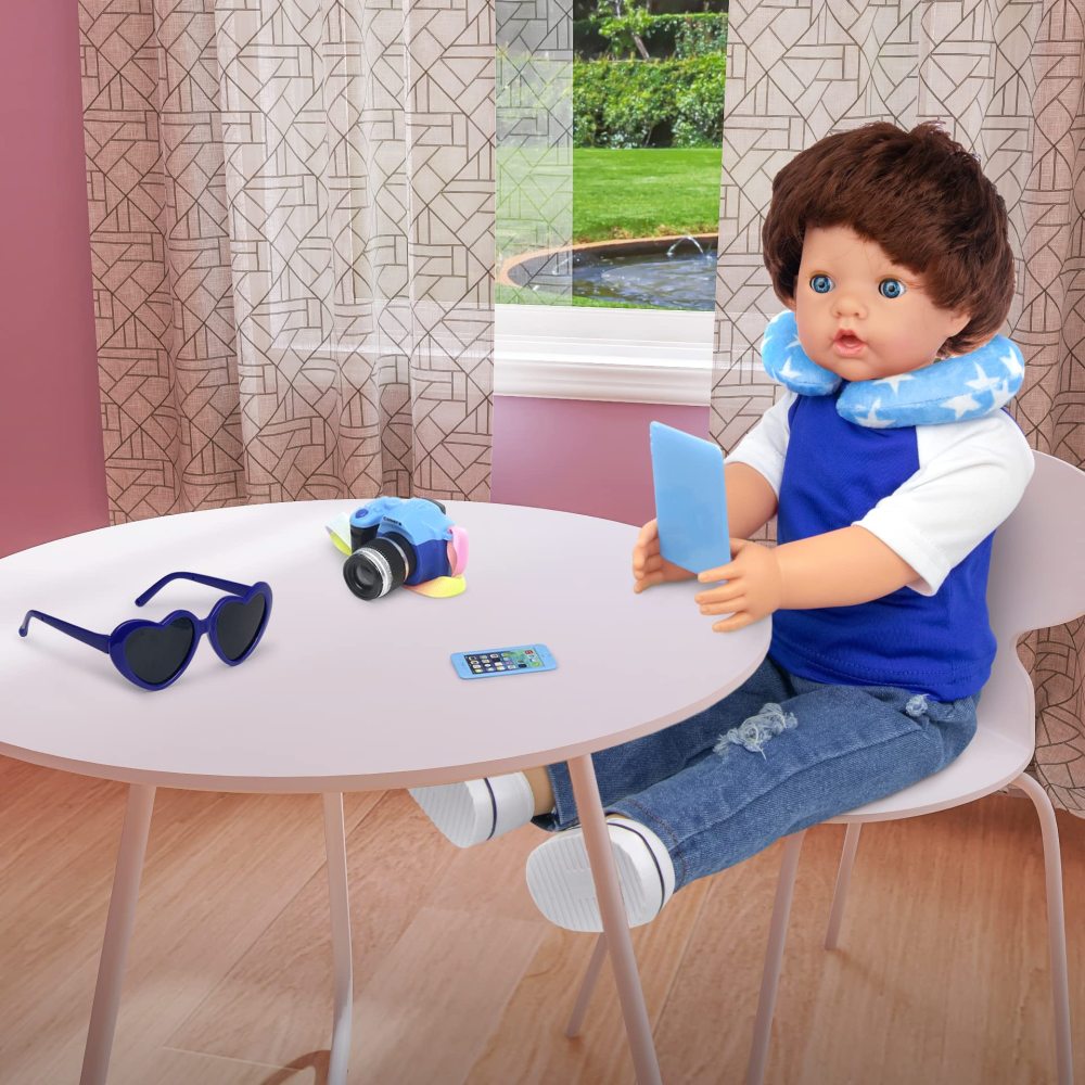 24 Pcs 18 Inch Boy Doll Clothes and Accessories Suitcase Play Set Included Travel Carrier Clothes Camera Phone Travel Pillow Passport Tickets Cashes Credit Card Map