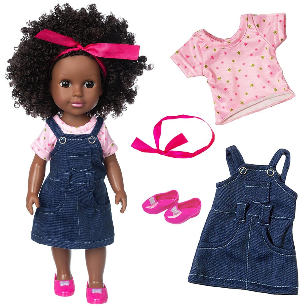 14.5" African Baby Girl Doll with Clothes Set - Washable Realistic Silicone Toy - Best Gift for Kids