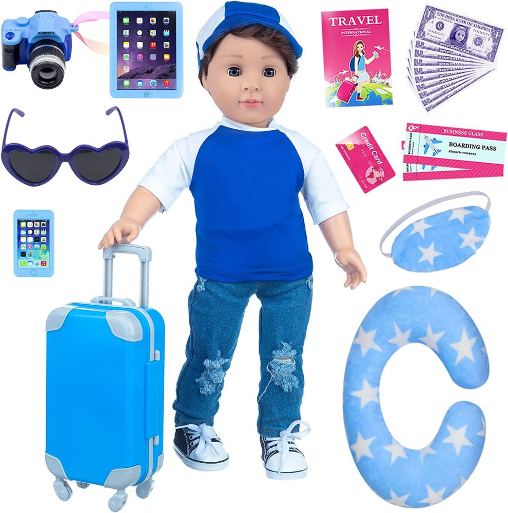 24 Pcs 18 Inch Boy Doll Clothes and Accessories Suitcase Play Set Included Travel Carrier Clothes Camera Phone Travel Pillow Passport Tickets Cashes Credit Card Map