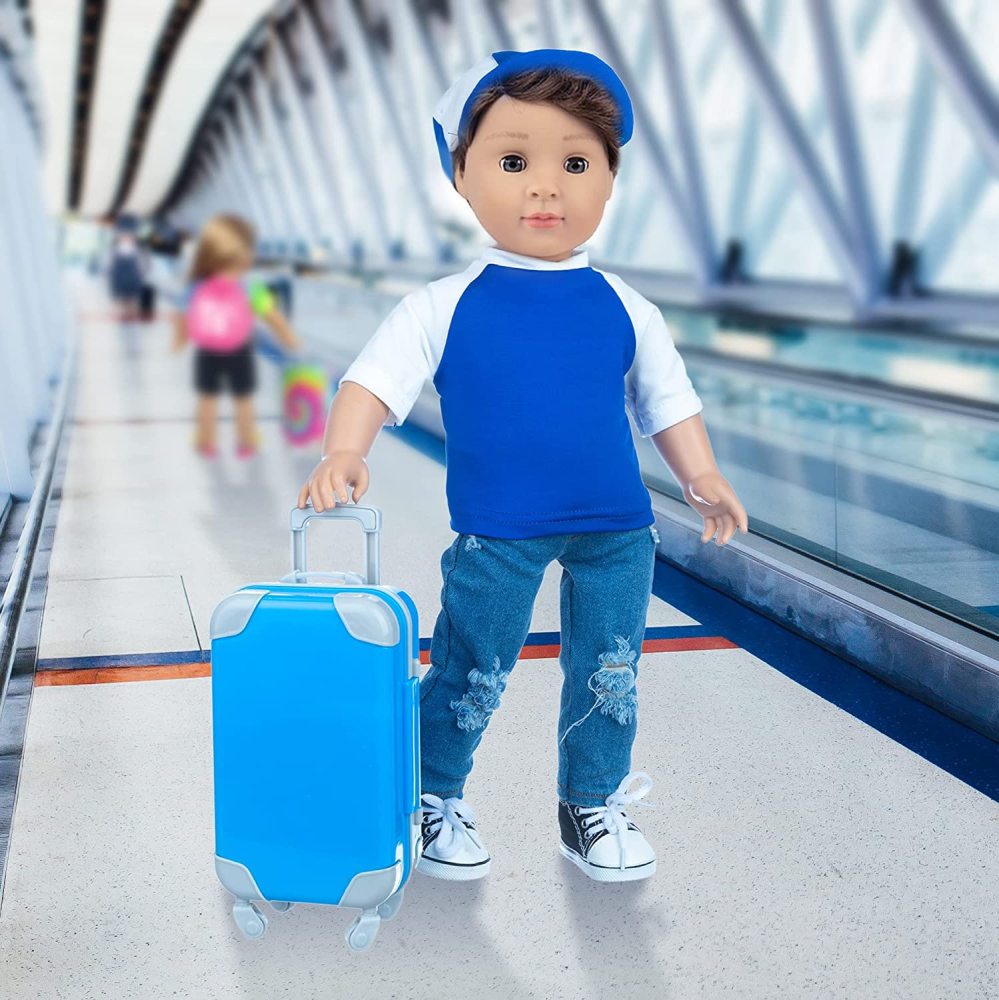 24 Pcs 18 Inch Boy Doll Clothes and Accessories Suitcase Play Set Included Travel Carrier Clothes Camera Phone Travel Pillow Passport Tickets Cashes Credit Card Map